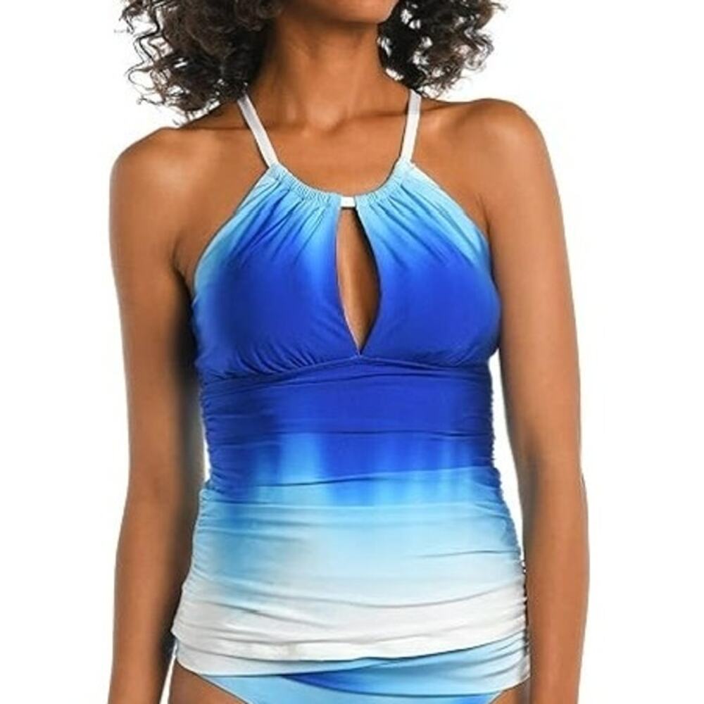 La Blanca Tankini SZ 4 Ocean Oasis Keyhole Tummy Control Blue Ombre Halter NWT
